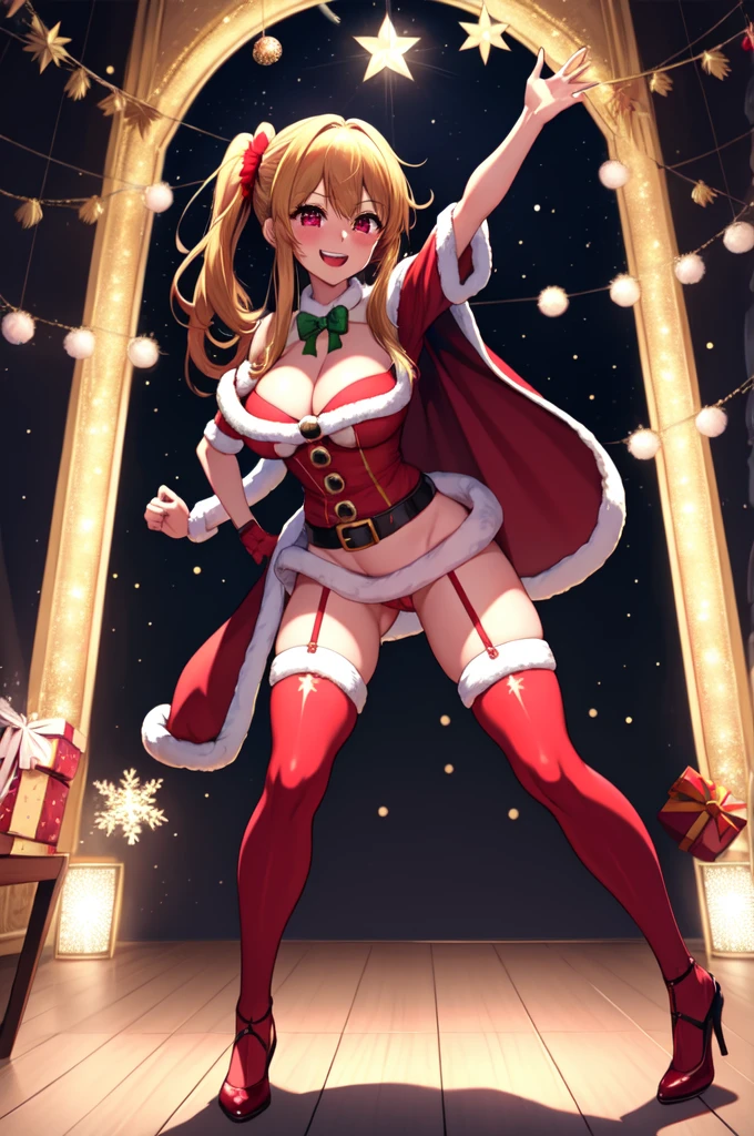 anime, beautiful face, highly detailed face, 2 accurate legs, detailed eyes, highly detailed background, perfect lighting, accurate arms, accurate hands, accurate fingers, full body, 1girl, solo, ruby hoshino, oshi no ko, female santa, sexy santa outfit, santa cape, heels, thighhighs, garter stockings, absurdres, high res, ultrasharp, 8K, masterpiece, looking at viewer (dancing pose:1.2), (full body:1.4), Christmas concert, Christmas idol, performing, on stage, dancing, smiling with compassion, mouth open smile, full of delight, blushed, cleavage, breast, leaning_forward, sntdrs