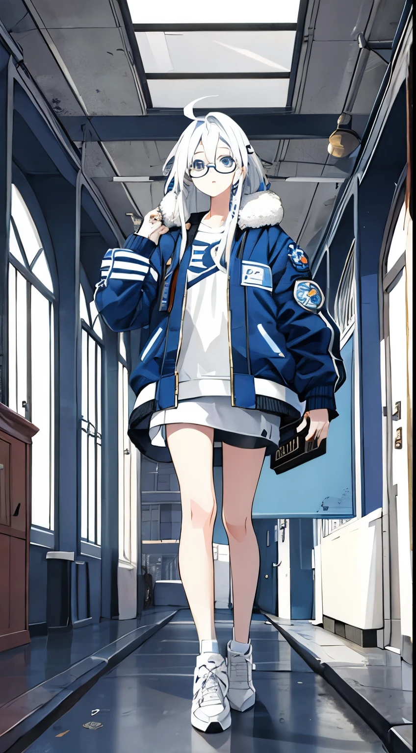1girl, half blue half white hair, straight hair, clock, bomber, full body, time travel, guide, glasses