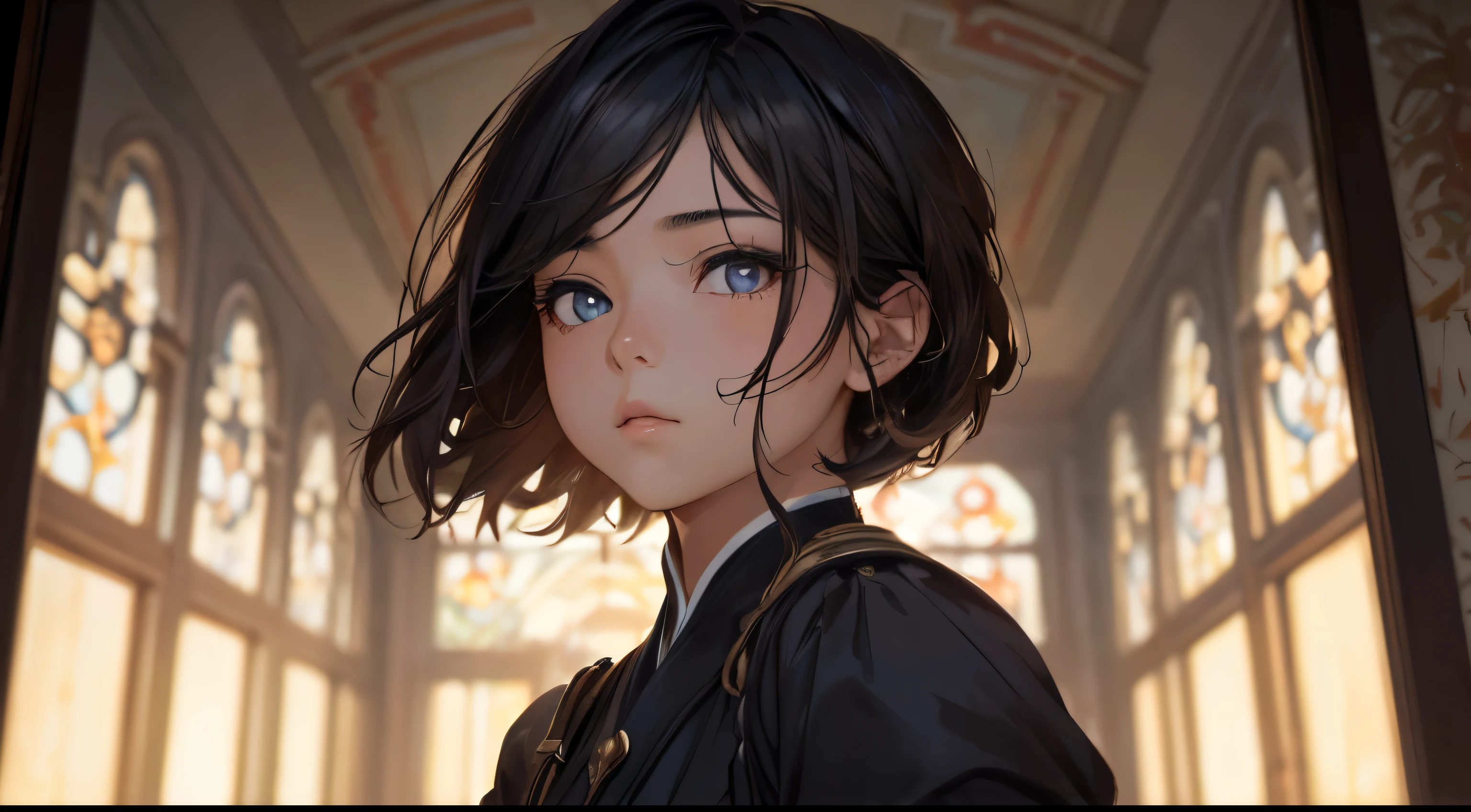 1girl in, (((shorth hair))), jugendstil,(​masterpiece, top-quality, Near and far law, depth of fields:1.5), beautiful countenance, 8k, Raw foto, HDR, Photorealsitic, film grains, chromatic abberation, hight resolution, ultra-detailliert, finely detail, 动态照明, Dramatic lighting、shadowy、extremely detailed eye and face、Round pupils、Realistic pupils、clean back ground