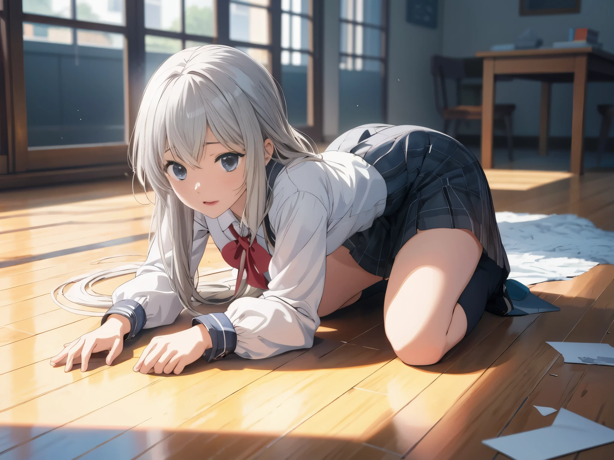 Anime girl lying on the floor with legs crossed, smooth anime cg art, Beautiful anime girl squatting down, Anime girl squat, a hyper realistic schoolgirl, of anime girls, perfect white hair girl, hyper realistic schoolgirl, 逼真of anime girls渲染, Beautiful anime high school girl, 可爱of anime girls, 4k anime wallpapers