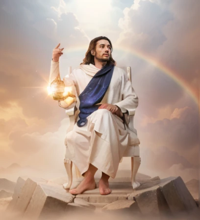 8k, best quality, real picture, intricate details, ultra-detailed, ultra highres, depth field,(photorealistic,realistic:1.2),masterpiece, ,
Above the expanse that was over their heads was what looked like a sapphire stone, and it resembled a throne. Sitting on the throne up above was someone  whose appearance resembled that of a human. I saw something glowing like electrum that was like a fire radiating from what appeared to be his waist and upward; and from his waist down, I saw something that resembled firye. There was a brilliance all around him like that of a rainbow in a cloud on a rainy day. That was how the surrounding brilliant light appeared. It was like the appearance of the glory of God, and Jesus sat on another throne beside God …, beard , glowing white robe, with purple shawl