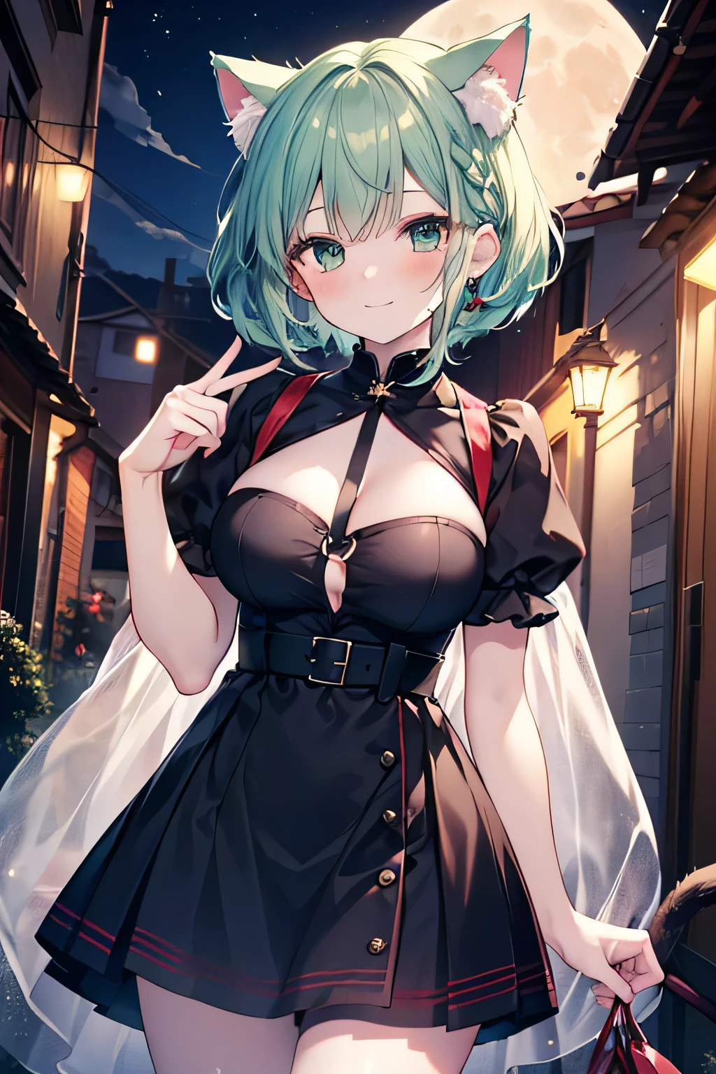 ((masutepiece)), ((Best Quality)), ((8K)), High resolution, 1girl in, Cat ears, Moon Night, backstreet, Green eye, aqua hair, a pixie cut, braid, pale skin, braided bangs, blush, fingersmile, Large breasts, black santa dress