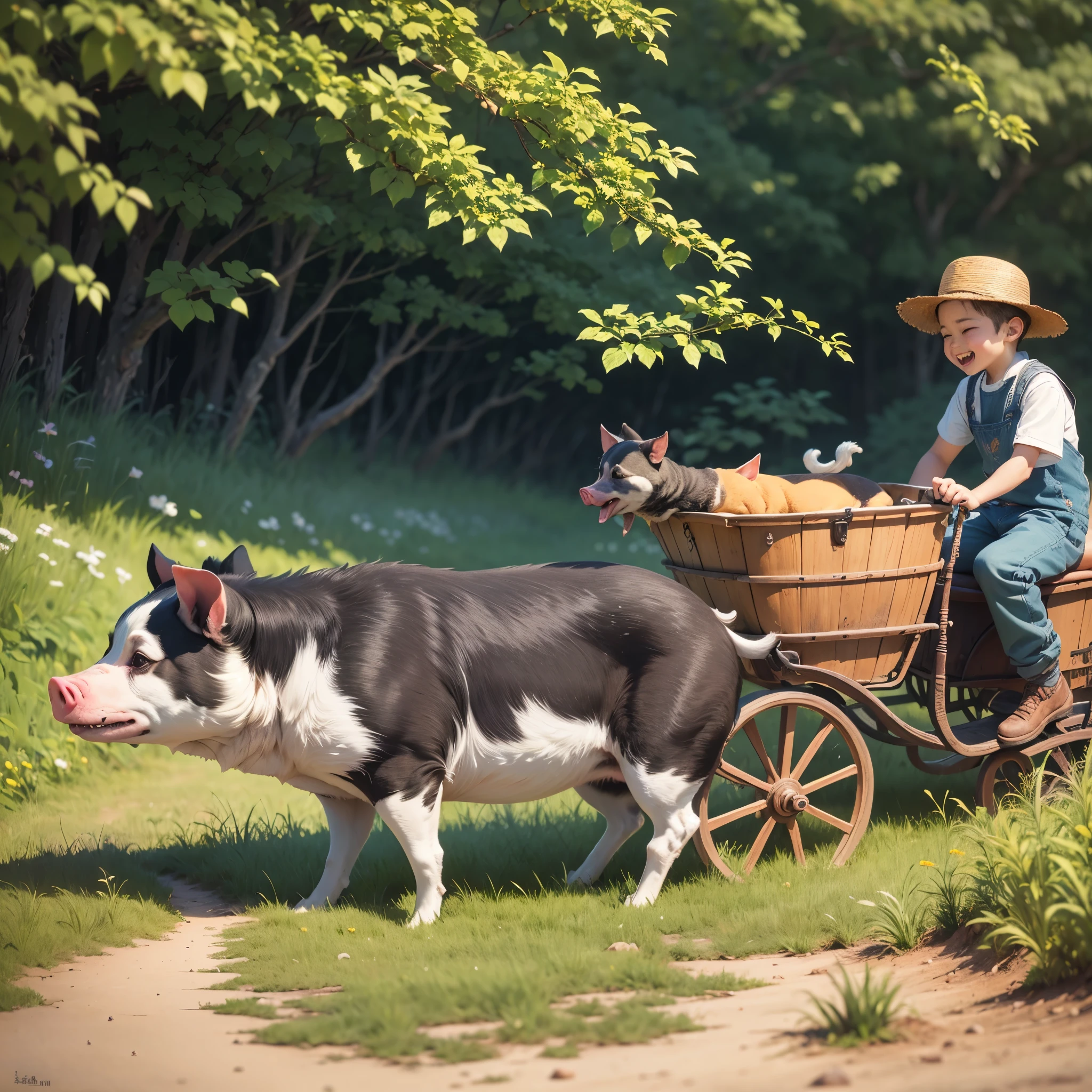(best quality,4k,8k,highres,masterpiece:1.2),ultra-detailed,realistic, HDR, UHD, (sketch, pencil sketch),(oil painting),(detailed,meticulous:1.1) village street scene, joyful(1.1),vivid colors, sunny day, (rustic,quaint) country road, (charming,traditional) rural houses, (lush,green:1.1) fieldriendly,cuittle boy, (carefree,happy) expression, (dynamic,motion-filled:1.1) pig riding, (fun,amusing) interaction between the boy and the pig, (curious,giggling:1.1) boy, (content,relaxed) pig, (cheerful,animated) atmosphere, (tranquil,serene) surroundings, (peaceful,quiet) ambiance, (idyllic,) countryside, (authentic,genuine) village life, (blissful,homely) scene --auto --s2