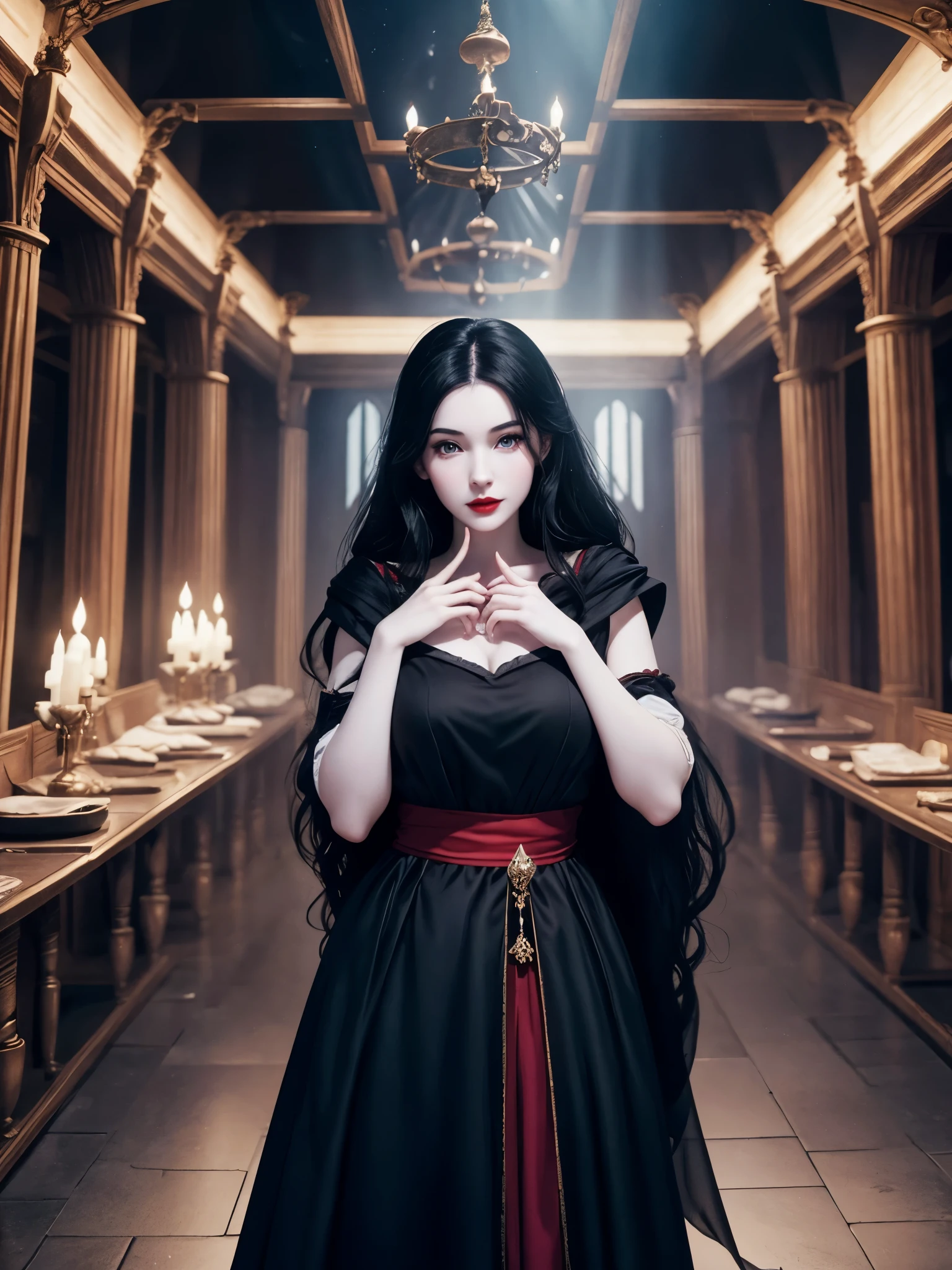 SNOW WHITE (( DISNEY )), VERY PALE WOMAN, VERY PALE SKIN, BLACK HAIR, HUGE LONG BLACK HAIR, ROSY CHEEKS, RED LIPS, BLUE LONG DRESS, EMPTY IMPERIAL HALL, MEDIEVAL PALACE, MAGIC MIRROR, FAIRY TAIL, ACCURATE IMAGE, MASTERPIECE