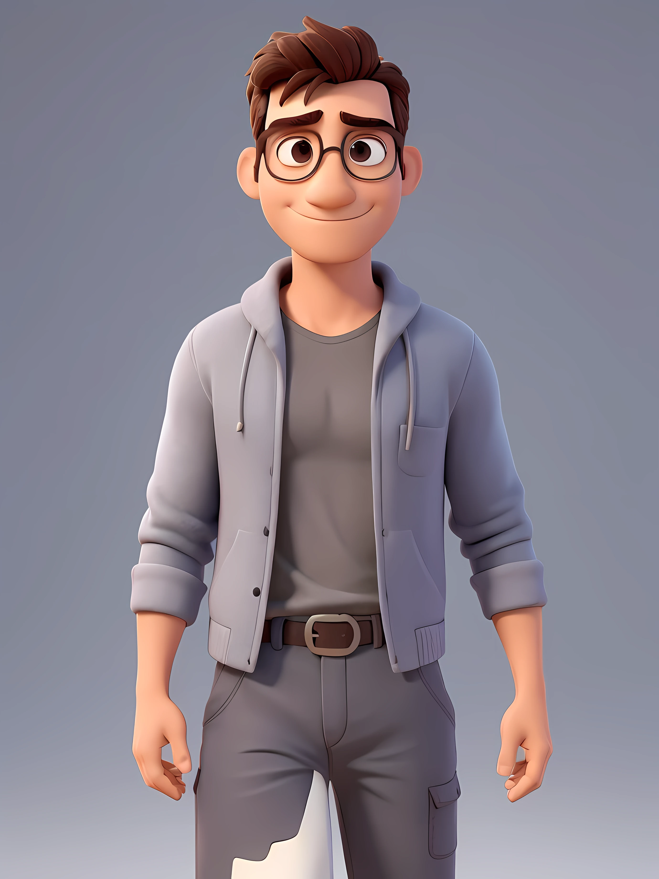 homem adulto, idade de 28 anos, roupas minimalista cinza com preto, bem sucedido, confiante, oculos de grau redondo, estilo disney pixar, 3d, animation character, alta qualidade