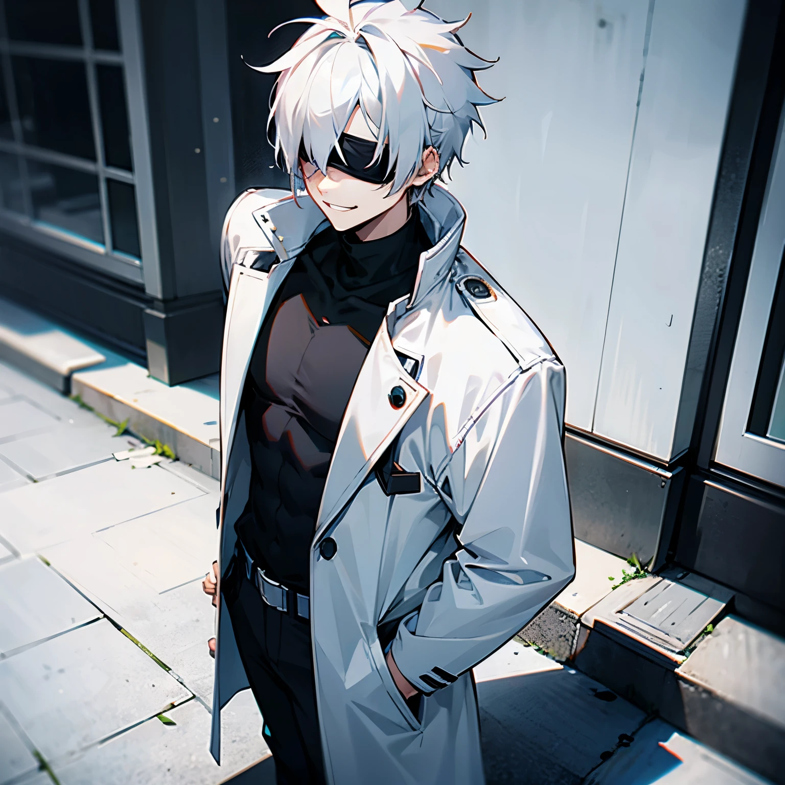 Black Turtleneck , White Jacket, Messy Spiky White Hair , Blue Eyes , White Blindfold , Standing on sidewalk , Confident Smirk , Young Male
