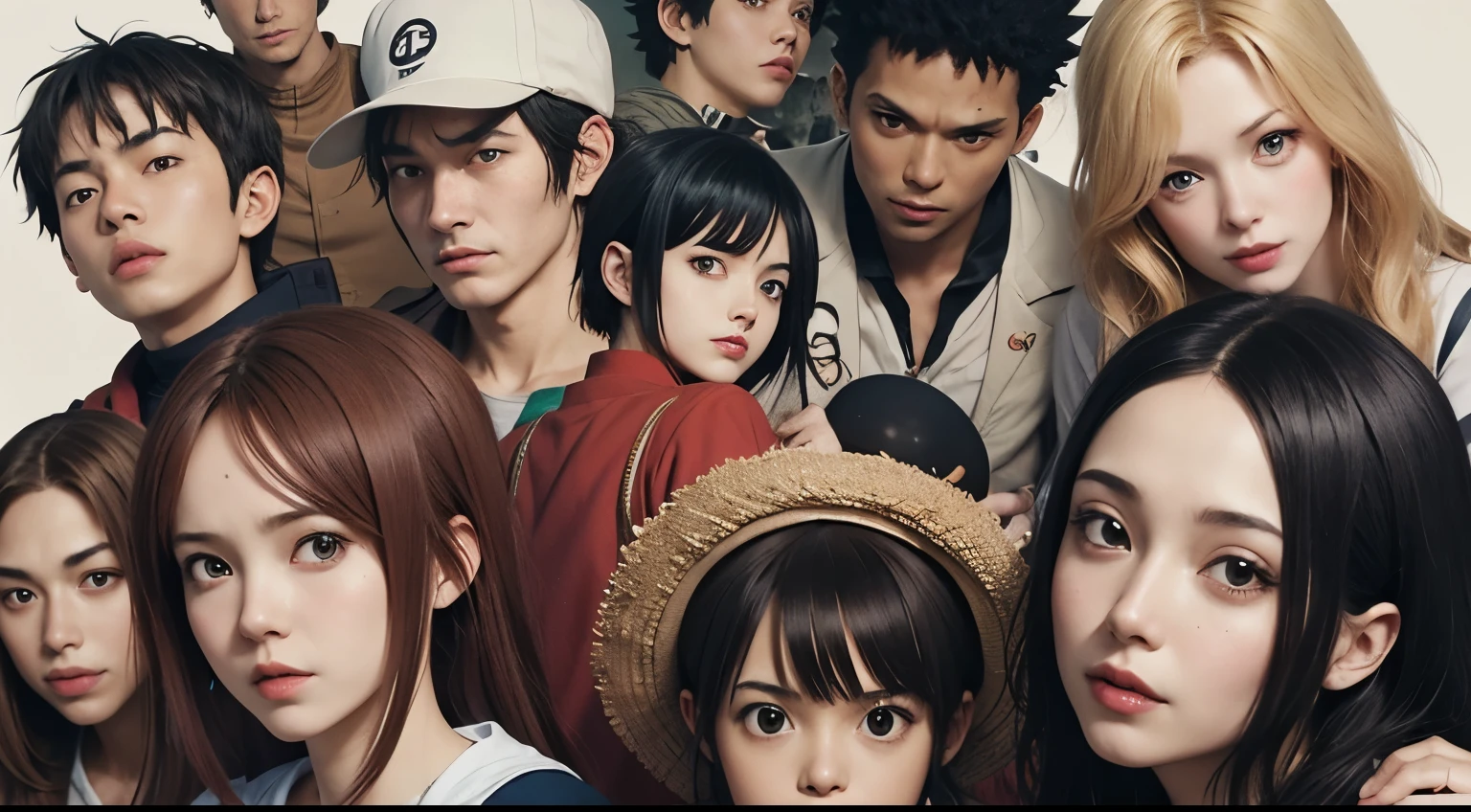 An anime style background featuring a female doctor with dark hair and brown eyes surrounded by famous anime characters such as luffy, Naruto, sung jinwoo
