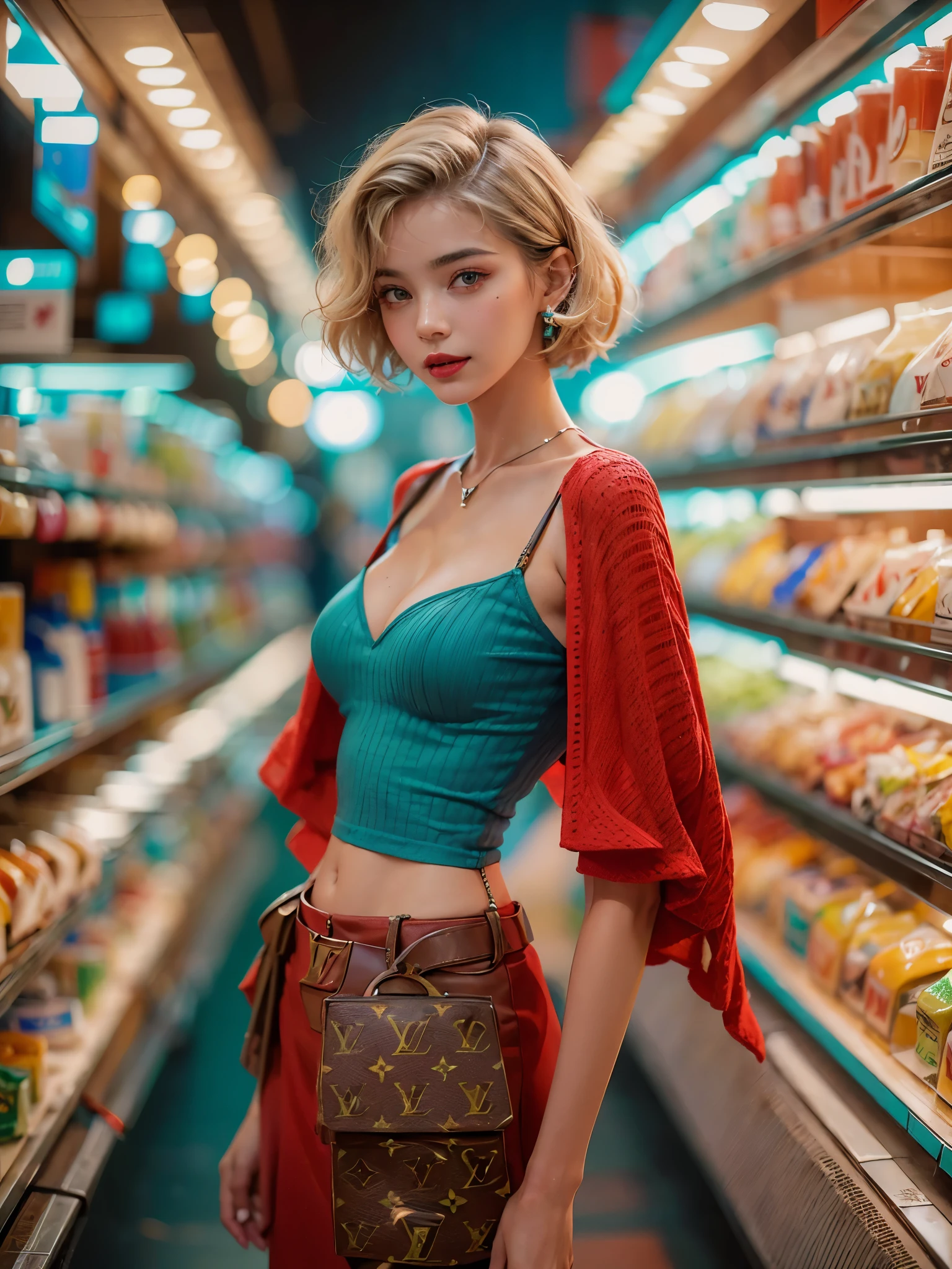 analogue fashion photo shot of young blonde woman with short hair, (large breast:1.4), glamorous body, in a 1950 cuban supermarket, ((neon lights red and blue lights)), (((((high fashion clothes in the style of Luis Vuitton))))), monogram, super model, model poses, (little smile:1.3), masterpiece, eye level, Kodak Funsaver, Porta 160, 20mm, bokeh, in the style of Nan Goldin, textured, distressed, ((vintage)), edgy, noisy, high contrast