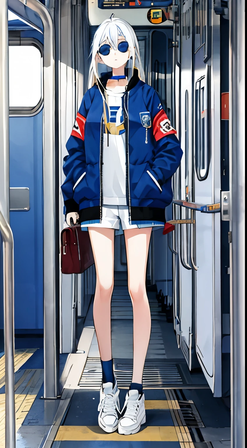 1girl, half blue half white hair, straight hair, clock, bomber, full body, time travel, train, sun glasses