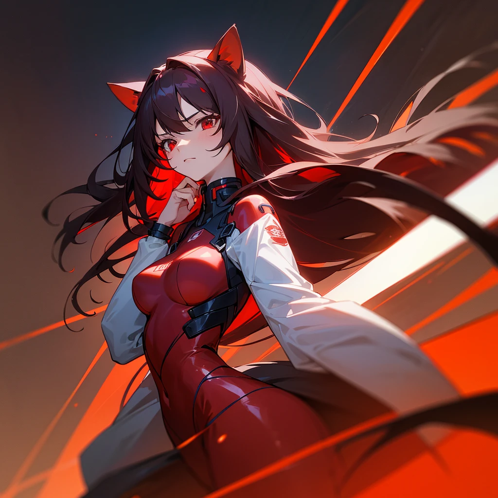 1girl, (skinny, tall), medium breast, loose hair, layered hair, long hair, dark hair, red streaks hair, sidelocks hair, red eyes, hedgehog ears, cold face, (top-down look), dark red plugsuit, night city background, (emerald in hand), half body