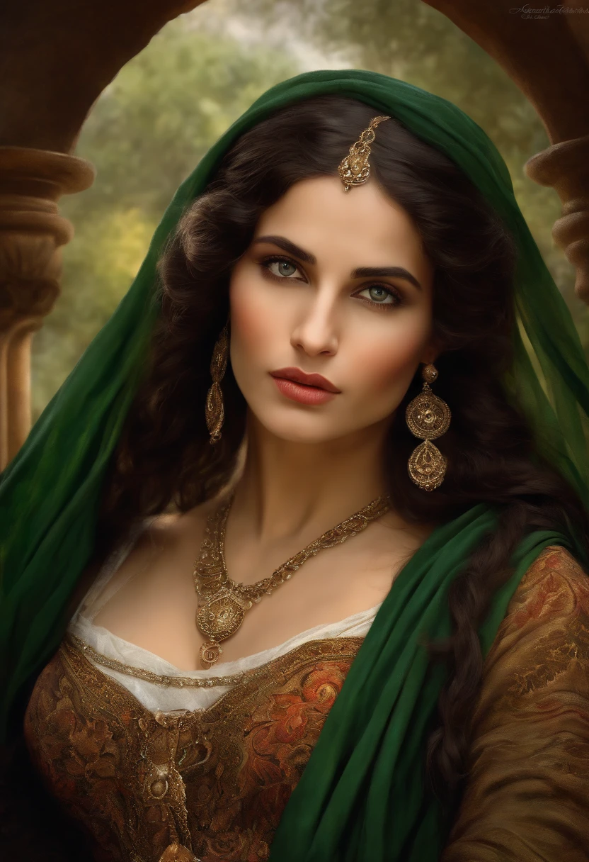 Best quality, masterpiece, ultra high resolution, baroque painting of a woman ((gypsy with a very beautiful round face)), delicate, slightly plump and perfect lips, ((gypsy of rare beauty, goddess of perfection, the most beautiful woman of the world)), long black cascading hair, green panther eyes, detailed eyes and face, Victorian era red dress, background Greek columns in a flower garden, dynamic lighting, in the dark, deep shadow, Discreet, Cowboy Full Body Shot, Victorian Era Style, a Goddess of beauty, portrait of a Goddess, In Bowater art style, Renaissance digital painting, in digital painting style, digital fantasy portrait, elegant digital painting, portrait fantasy art, portrait fantasy, inspired by Dante Gabriel Rossetti, baroque digital painting, digital art painting, Fine Art UHD 4K, beautiful fantasy portrait