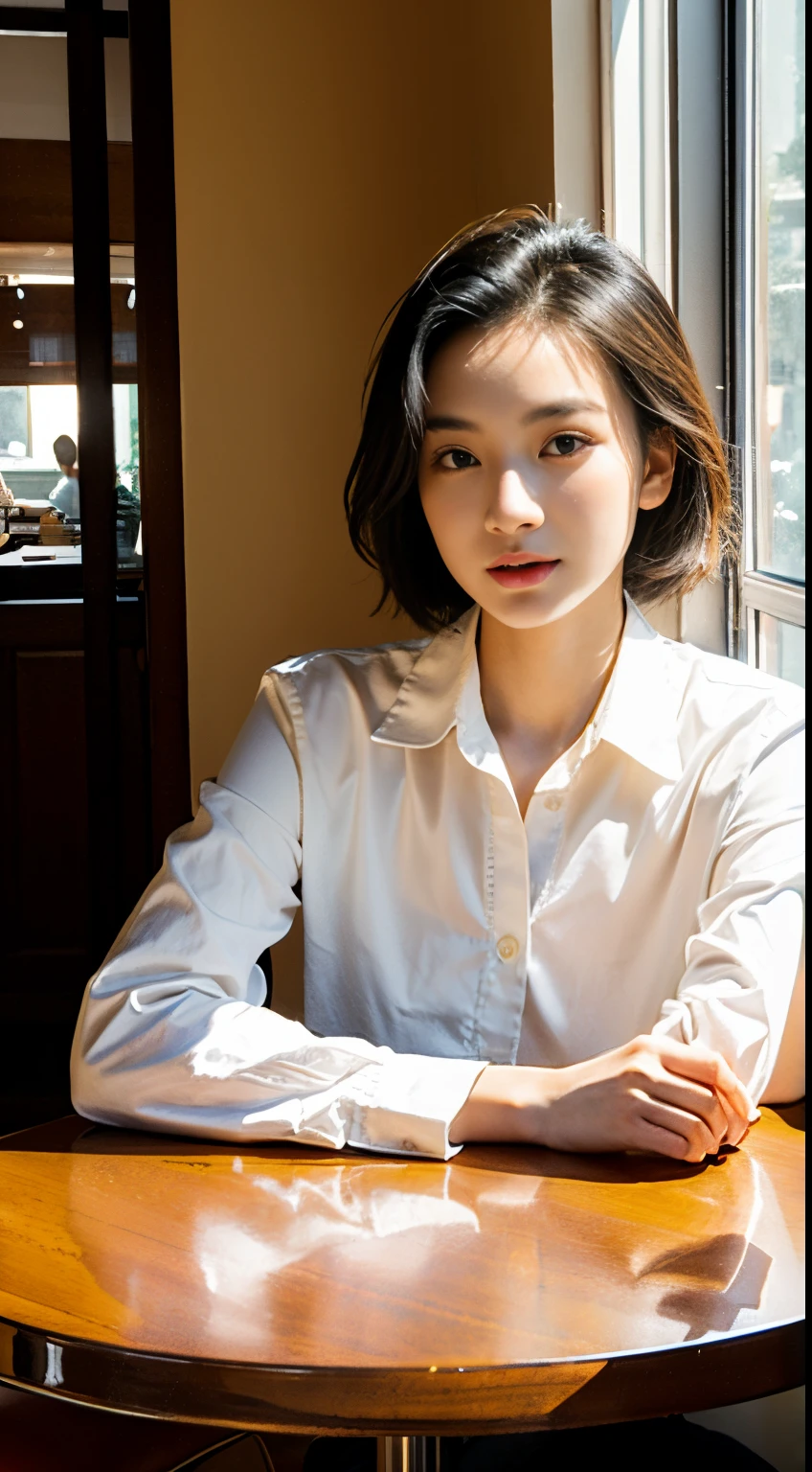 Sitting at a table in a café、sunlight streaming through window、A vietnamese  Lady,, Dynamic Pose, Skin Texture,, Shiny skin, (slim, Petite:1.2), [:(sharp focus on face, Detailed face, Perfect eyes, view the viewer:1.2):0.2], Photorealistic, film grains, Best Quality, masutepiece，30s，Realistic skin type, collared long sleeves shirt