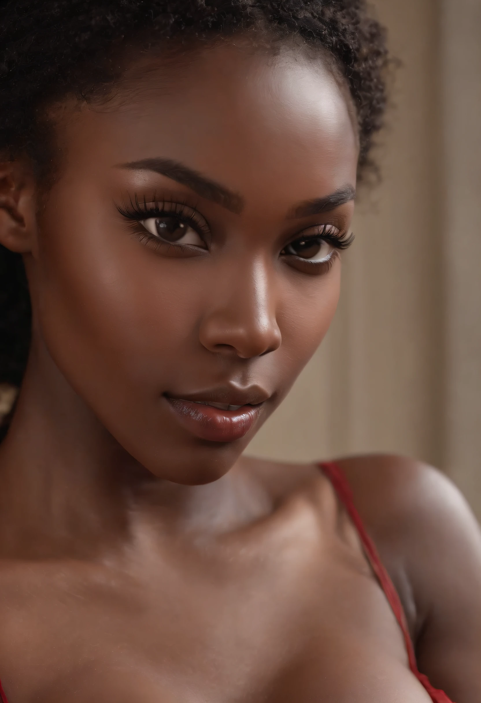 ((Dark African skin, Very deep ebony skin)), ((Its beauty is undeniable)), ((Excited cute face)), ((Hyper detailed perfect eyes,)), ((pose mignonne)), ((Langue sortie)), ((Seductive )), Sexy NSFW, (( winter scarf), Sexy mounted thong)), ((Afro ponytail with long African curly hair,)), (( peau)), ((coucher, vue de face en selfie)), ((main sur les seins dans une pose sexy)), ((interior, Chambre, lit)), Sharp Focus CGI, photoreallistic, High detail, Realstic, Masterpiece, absurdes, Best quality, Hdr, High quality, high-definition, Extremely detailed, 8k wallpaper, Intricate details, 8K UHD, Full-HD, (photo realist:1.2), contraste, intense illumination, lighting cinematic, natural lighting, hard light, contre-jour, Illumination globale, Ambient occlusion nsfw sexy all visible body she seduces hip slim body perfect bed red sheet horse queu afro