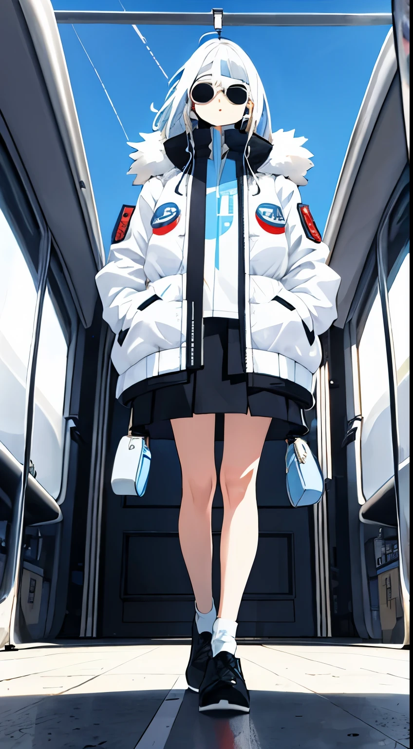 1girl, 1fatboy, half blue half white hair, straight hair, clock, bomber, full body, time travel, train, sun glasses