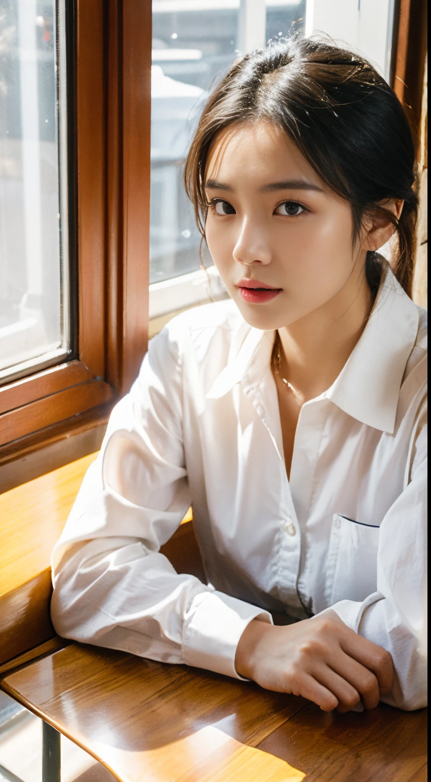 Sitting at a table in a café、sunlight streaming through window、A vietnamese  Lady,, Dynamic Pose, Skin Texture,, Shiny skin, (slim, Petite:1.2), [:(sharp focus on face, Detailed face, Perfect eyes, view the viewer:1.2):0.2], Photorealistic, film grains, Best Quality, masutepiece，30s，Realistic skin type, collared long sleeves shirt