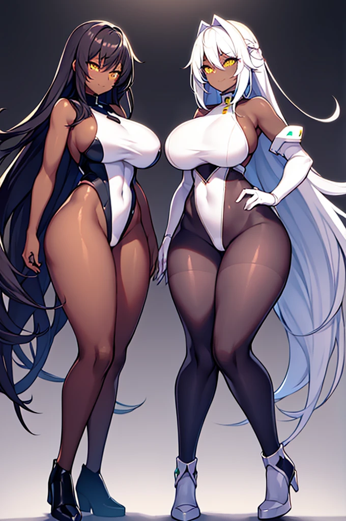 2girls, dark skin, dark-skinned females, dark-skinned female, white hair, long hair, yellow eyes, large breasts, breasts, wide hips, smug, smirk, smile, bodysuit, black bodysuit, pantyhose, black pantyhose, shoes, futuristic, machinery, tech, science-fiction, neon trim, white neon trim, white trim, full body, ((full body))