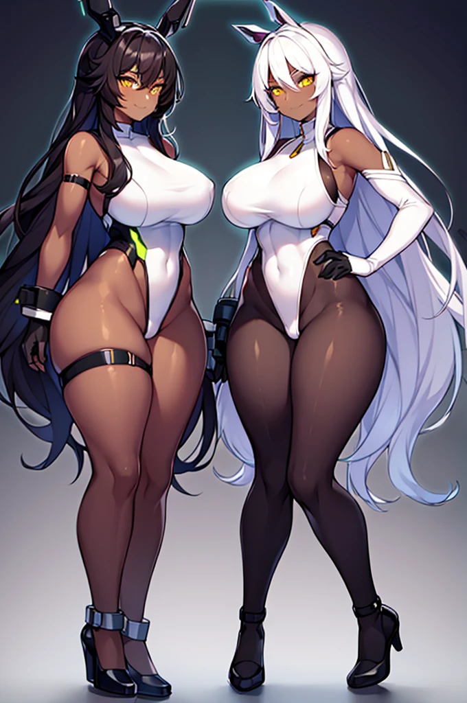 2girls, dark skin, dark-skinned females, dark-skinned female, white hair, long hair, yellow eyes, large breasts, breasts, wide hips, smug, smirk, smile, bodysuit, black bodysuit, pantyhose, black pantyhose, shoes, futuristic, machinery, tech, science-fiction, neon trim, white neon trim, white trim, full body, ((full body))