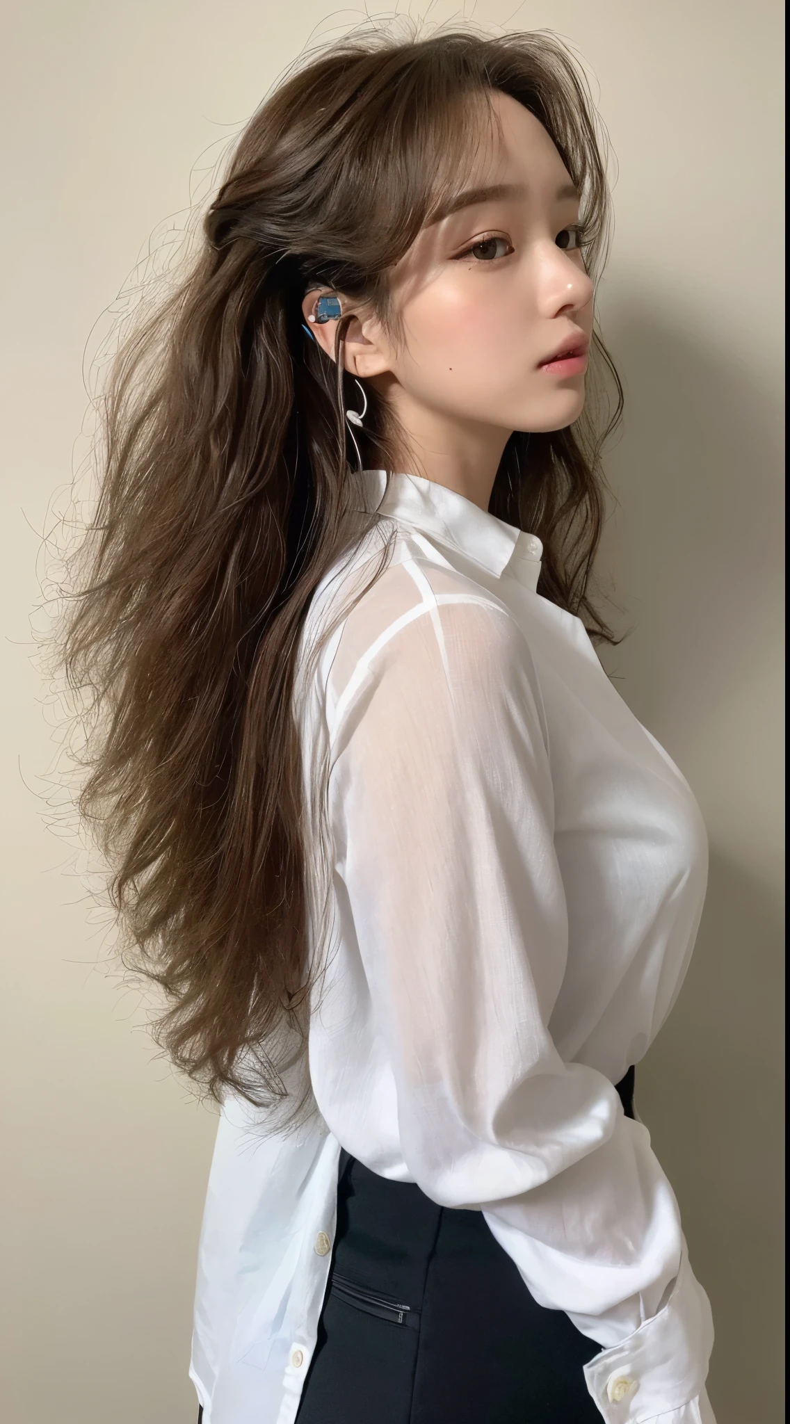 ((top-quality、8K、masterpiece:1.3))、Crisp focus:1.2、Beautiful Women in Perfect Style:1.4、Facing to the side:1.2、full body1.2((dark brown hair、Model body type:1.2))、Standing leaning against the wall、(White button shirt:1.1)、White wall background:1.2、curly hair、Highly detailed facial and skin texture、A detailed eye、lisyens to music with headphone, 二重まぶた