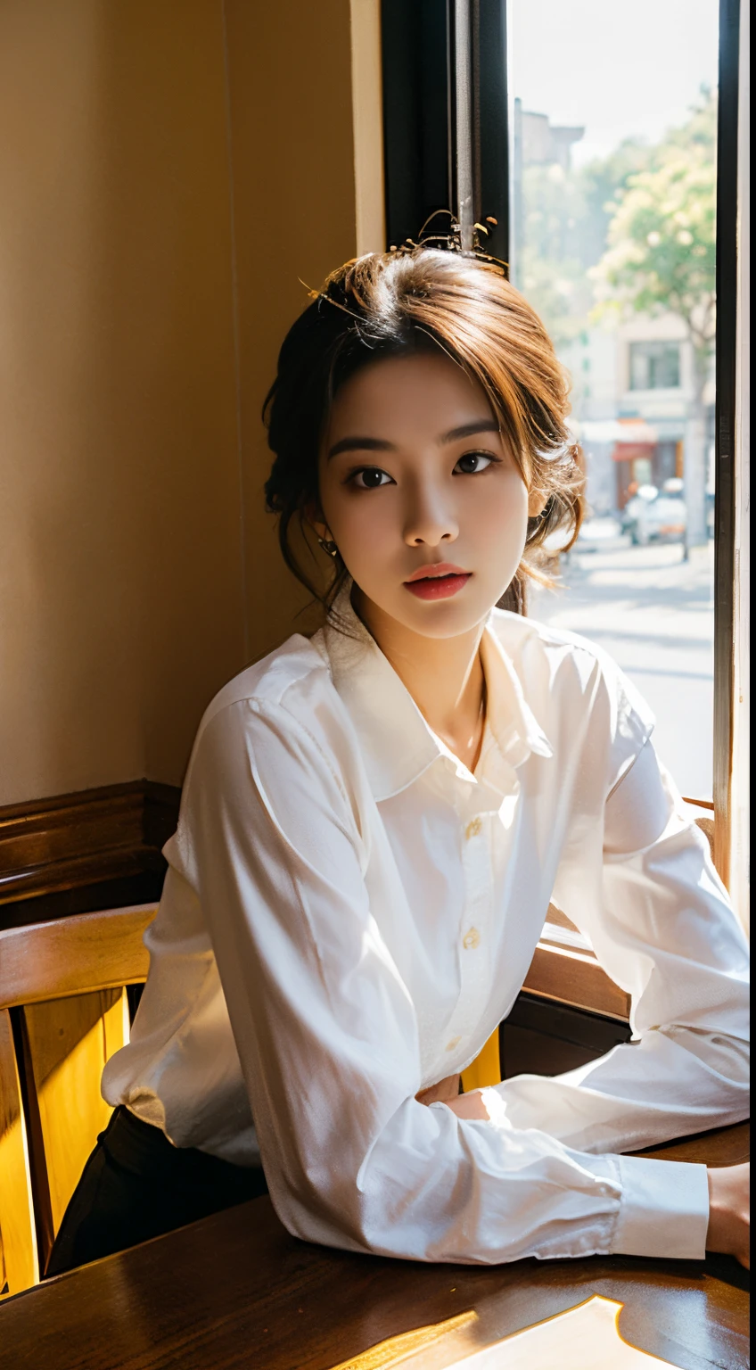 Sitting at a table in a café、sunlight streaming through window、A vietnamese  Lady,, Dynamic Pose, Skin Texture,, Shiny skin, (slim, Petite:1.2), [:(sharp focus on face, Detailed face, Perfect eyes, view the viewer:1.2):0.2], Photorealistic, film grains, Best Quality, masutepiece，30s，Realistic skin type, collared long sleeves shirt