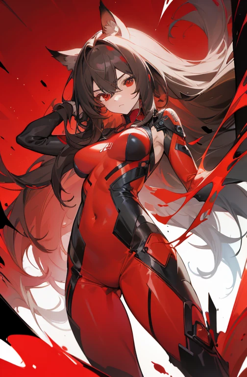 1girl, (skinny, tall), medium breast, loose hair, layered hair, long hair, dark hair, red streaks hair, sidelocks hair, red eyes, hedgehog ears, cold face, (top-down look), dark red plugsuit, night city background, (emerald in hand), half body