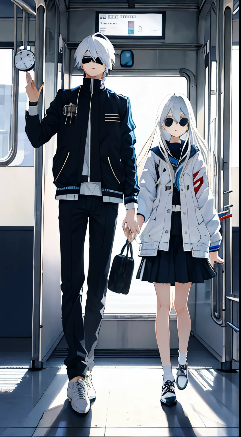 Boy and girl, half blue half white hair, straight hair, clock, bomber, full body, time travel, train, sun glasses