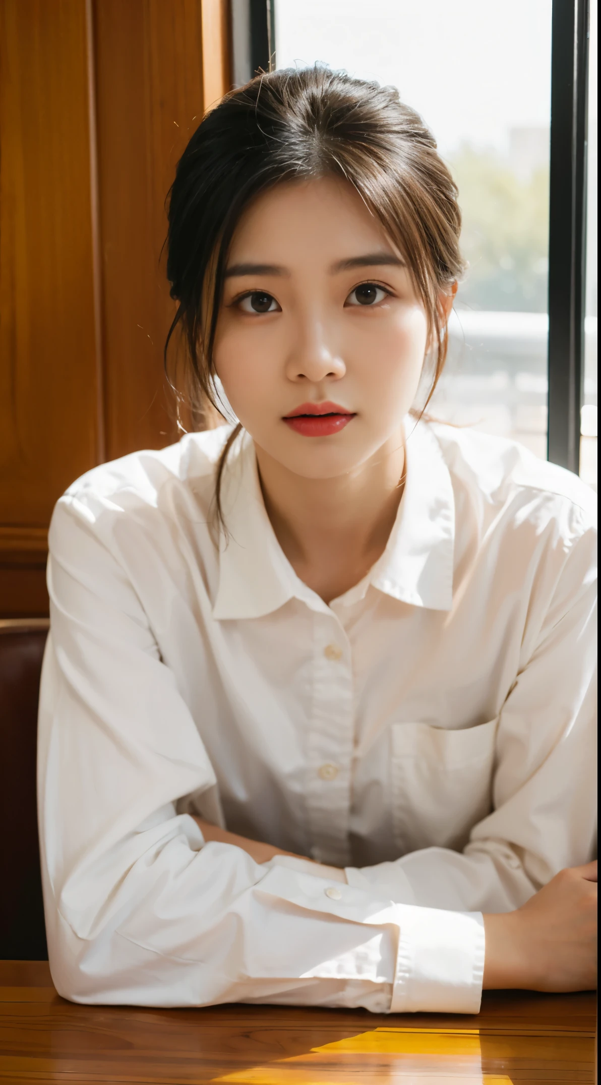Sitting at a table in a café、sunlight streaming through window、A vietnamese  Lady,, Dynamic Pose, Skin Texture,, Shiny skin, (slim, Petite:1.2), [:(sharp focus on face, Detailed face, Perfect eyes, view the viewer:1.2):0.2], Photorealistic, film grains, Best Quality, masutepiece，30s，Realistic skin type, collared long sleeves shirt