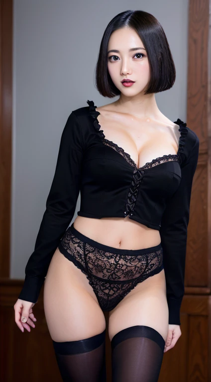 Gothic ta、full bodyesbian,Ahegao⦅Colossal tits:1.5,J-Cup⦆,⦅Skin revealing⦆、Chest spreads from side to side、gigantic cleavage breasts、absolutely outstanding image, very extremely beautiful、masterpiece, top-quality,a picture, kawaii、8K、In the church of Gothic architecture、Skirts with a length that shows underwear、Black underwear and garter stockings、high-level image quality、Short Bob Hair、I have a skirt,leather corset:1.2,Gothic loliク:1.5、body facing the camera、Provocative facial expressions、Open your mouth and stick out your tongue