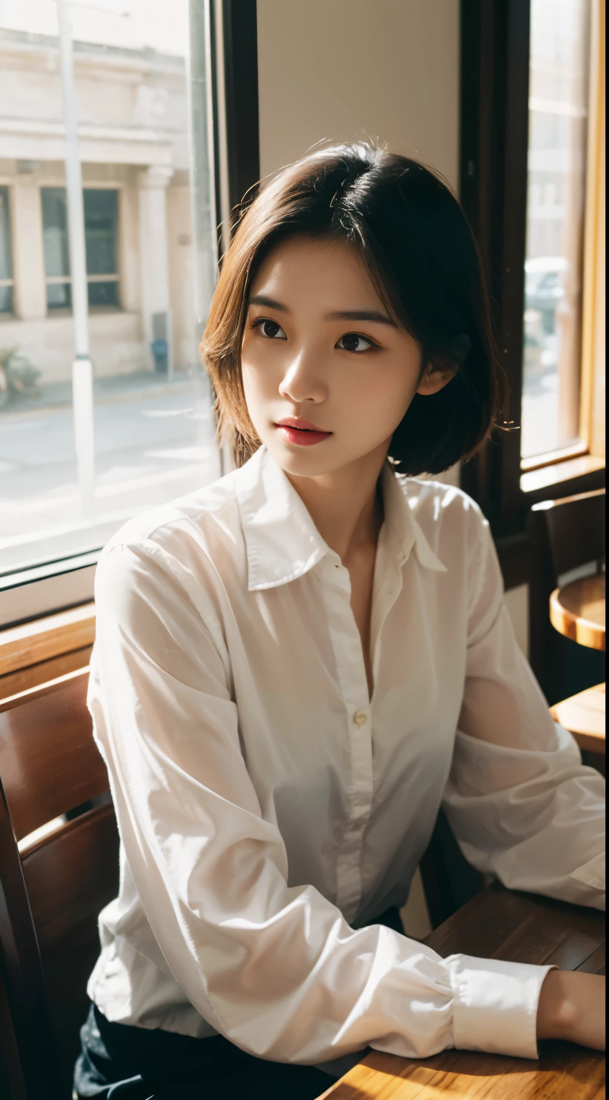 Korean 、summer shirt、Tight shirt、Ribbon Ties、skirt by the、schools、stairs at school、chest lifting pose、Emphasis on the chest、Slender and large、8K raw photos、A high resolution、18-year-old Korean、embarrassing looking、very large round breasts、Beautiful eyes finely detailed、long eyelasher、beautiful double eyelid、eye shadows、eyeline、slender eyes、Elongated eye shape、Sanpaku eyes、beautiful and thin legs、Beautiful slender thighs、Random Shorthair、Tie your hair behind your head、耳Nipple Ring、Light brown hair、(Wear pantyhose)、Hold your knees,short hair, fishnet stocking