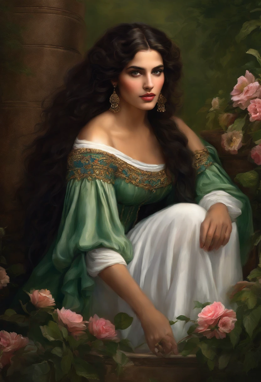 Best quality, masterpiece, ultra high resolution, baroque painting of a woman ((gypsy with a very beautiful round face)), delicate, slightly plump and perfect lips, ((gypsy of rare beauty, goddess of perfection, the most beautiful woman of the world)), long black cascading hair, green panther eyes, detailed eyes and face, Victorian era red dress, background Greek columns in a flower garden, dynamic lighting, in the dark, deep shadow, Discreet, Cowboy Full Body Shot, Victorian Era Style, a Goddess of beauty, portrait of a Goddess, In Bowater art style, Renaissance digital painting, in digital painting style, digital fantasy portrait, elegant digital painting, portrait fantasy art, portrait fantasy, inspired by Dante Gabriel Rossetti, baroque digital painting, digital art painting, Fine Art UHD 4K, beautiful fantasy portrait