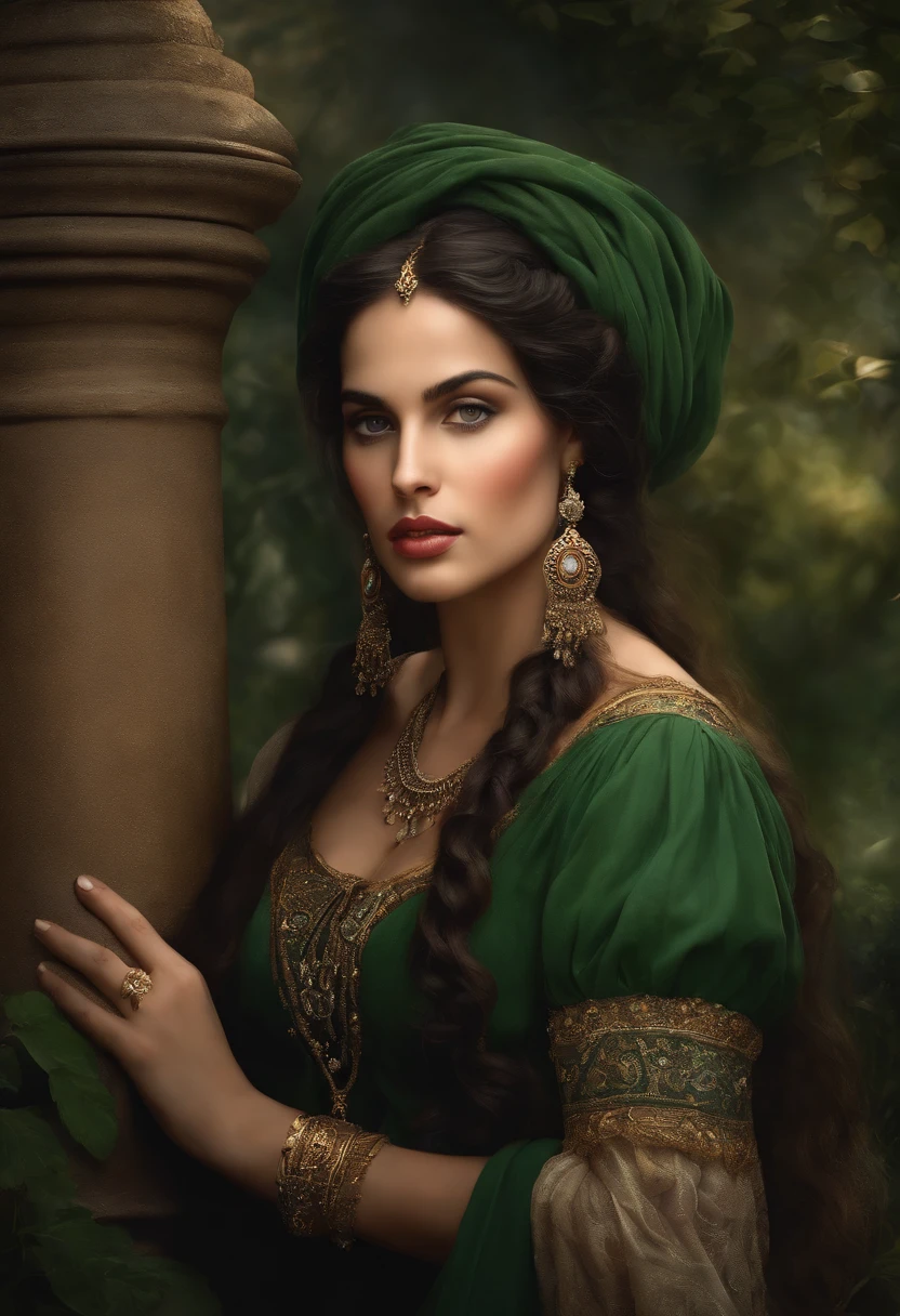 Best quality, masterpiece, ultra high resolution, baroque painting of a woman ((gypsy with a very beautiful round face)), delicate, slightly plump and perfect lips, ((gypsy of rare beauty, goddess of perfection, the most beautiful woman of the world)), long black cascading hair, green panther eyes, detailed eyes and face, Victorian era red dress, background Greek columns in a flower garden, dynamic lighting, in the dark, deep shadow, Discreet, Cowboy Full Body Shot, Victorian Era Style, a Goddess of beauty, portrait of a Goddess, In Bowater art style, Renaissance digital painting, in digital painting style, digital fantasy portrait, elegant digital painting, portrait fantasy art, portrait fantasy, inspired by Dante Gabriel Rossetti, baroque digital painting, digital art painting, Fine Art UHD 4K, beautiful fantasy portrait