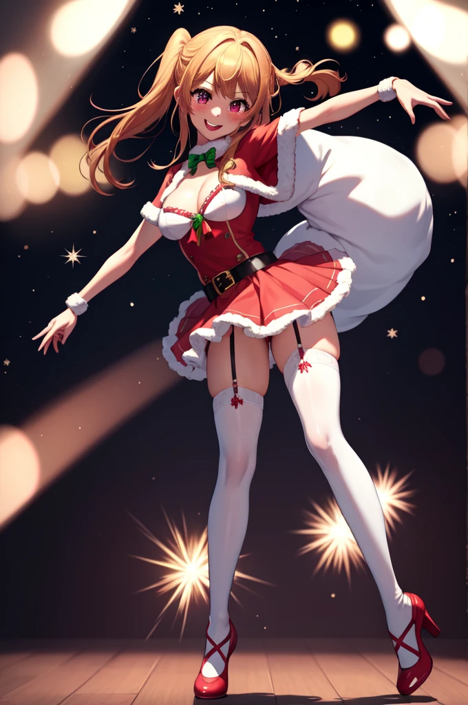 anime, beautiful face, highly detailed face, 2 accurate legs, detailed eyes, highly detailed background, perfect lighting, accurate arms, accurate hands, accurate fingers, full body, 1girl, solo, ruby hoshino, oshi no ko, female santa, sexy santa outfit, santa cape, heels, thighhighs, garter stockings, absurdres, high res, ultrasharp, 8K, masterpiece, looking at viewer (dancing pose:1.2), (full body:1.4), Christmas concert, Christmas idol, performing, on stage, dancing, smiling with compassion, mouth open smile, full of delight, blushed, cleavage, breast, leaning_forward, sntdrs