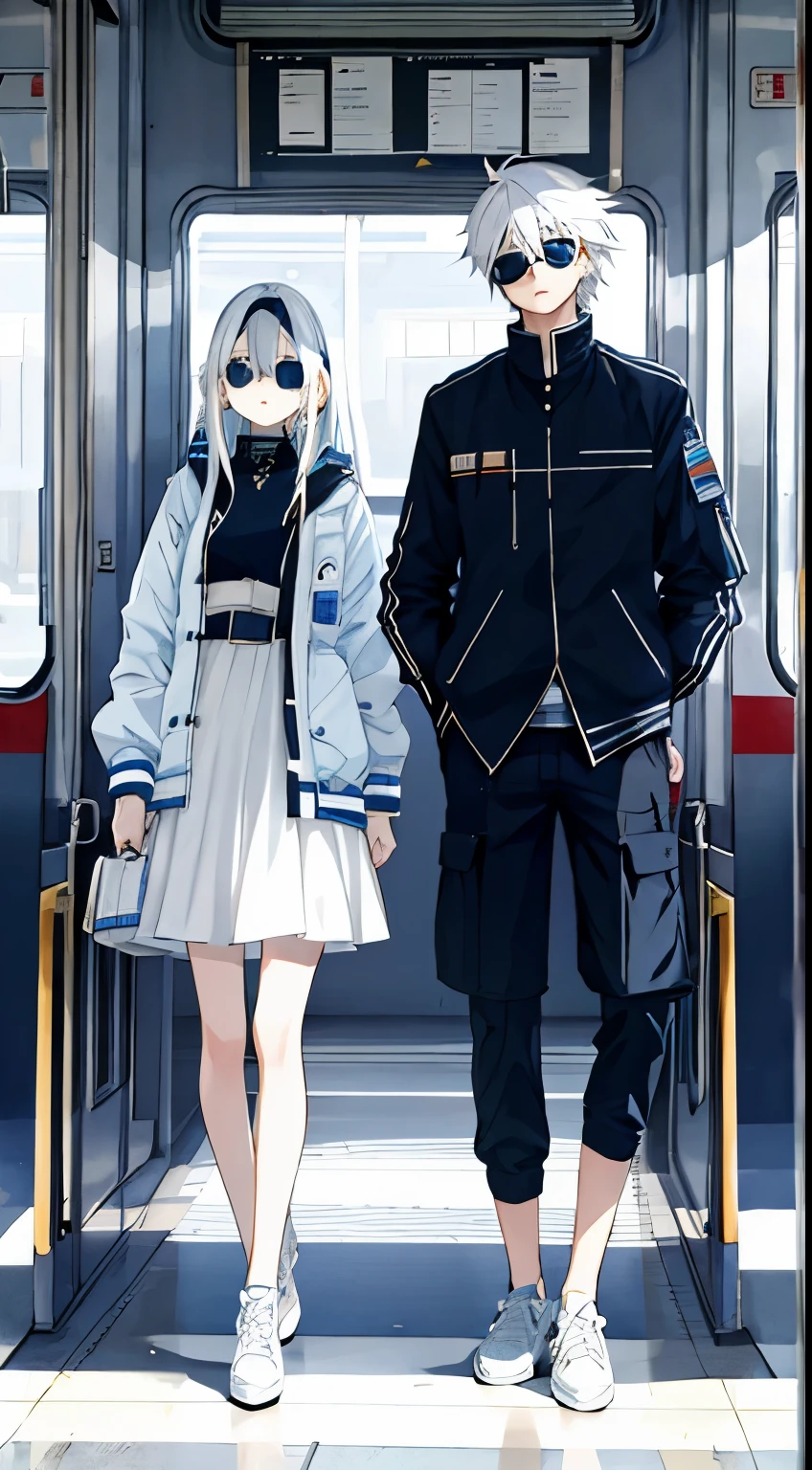 Boy and girl, half blue half white hair, straight hair, clock, bomber, full body, time travel, train, sun glasses