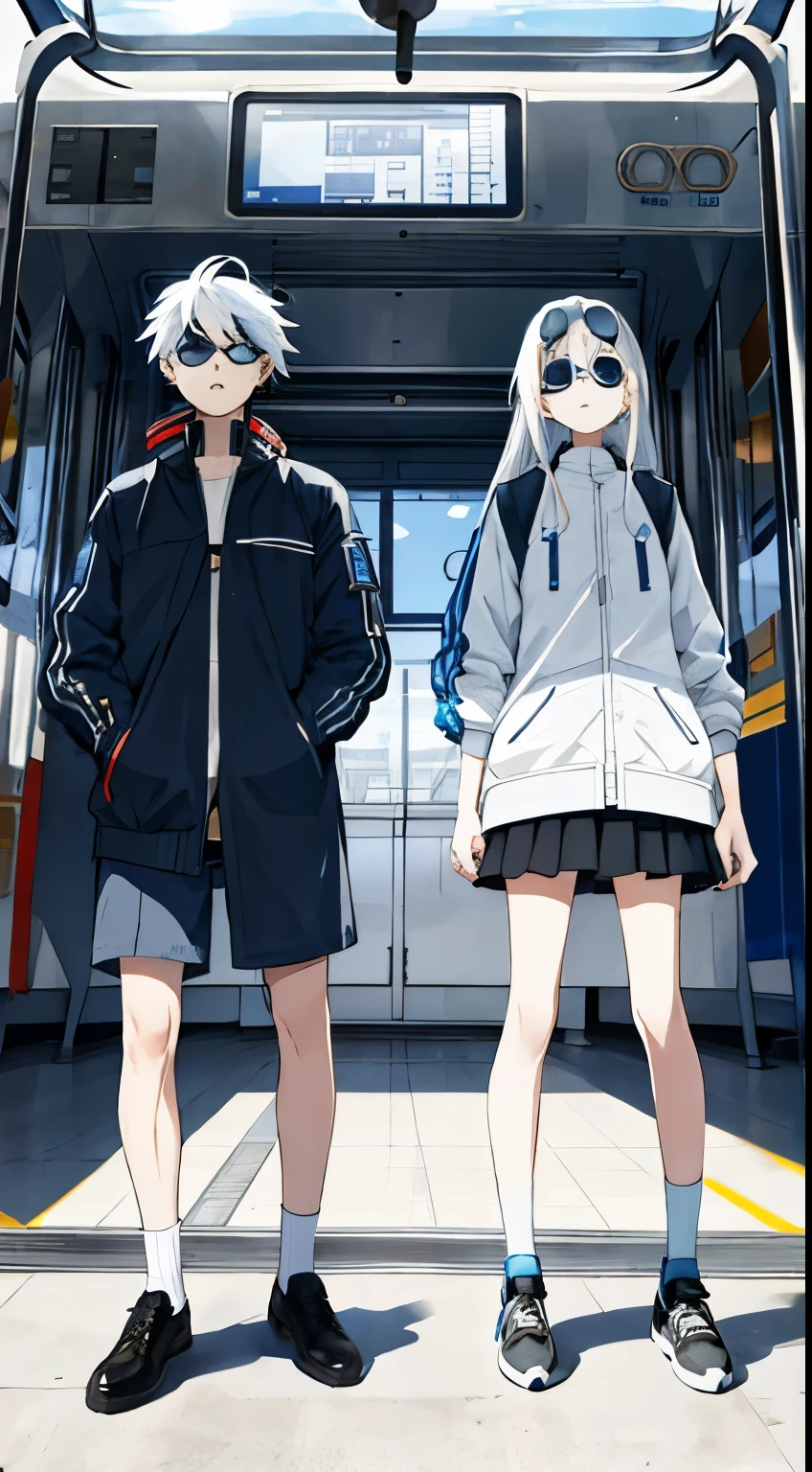 Boy and girl, half blue half white hair, straight hair, clock, bomber, full body, time travel, train, sun glasses