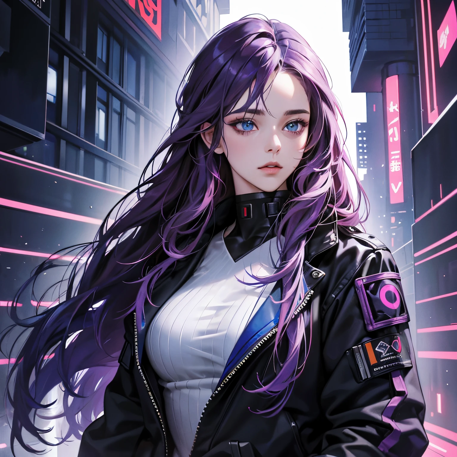 "ultra-high resolution, ultra-detailed, photo-realistic:1.37), oil painting, a woman with long purple hair, deep blue eyes, cyberpunk"