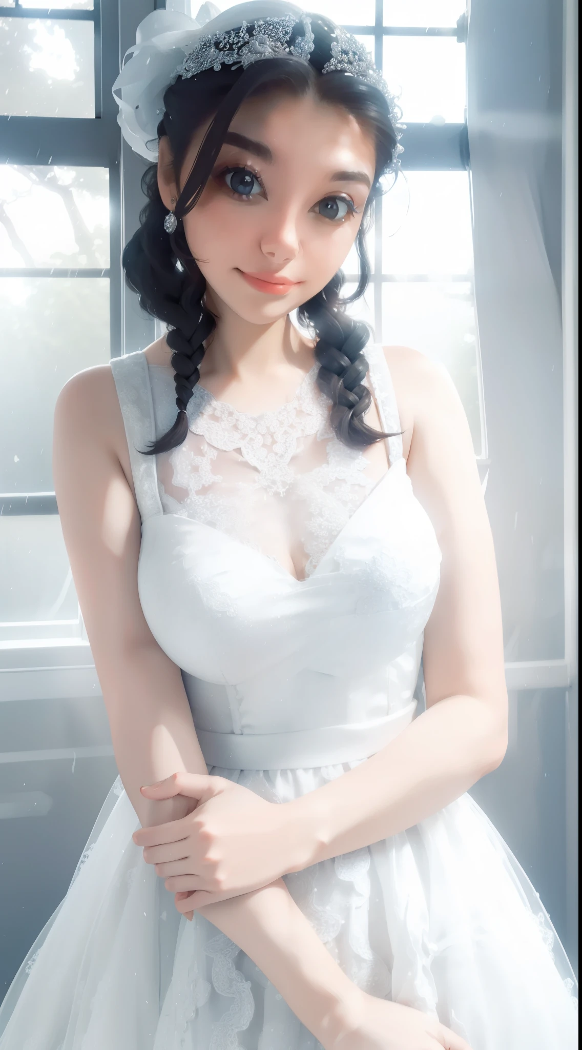 a close-up of a woman in a white dress standing in front of a window, beautiful dress, pretty white dress, fantasy dress, detailed dress, romantic dress, cute dress, magical dress, beautifully detailed dress, white dress, dressed in a beautiful white, stunning dress, intricate white dress, luxury dress, wearing a cute white dress,