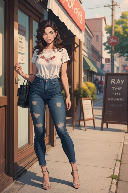 Asian woman with long brown hair, casual outfit in boutique, beautiful young Korean woman with fair skin showing her whole body, with long hair, Asian beautiful face, young Asian girl, wearing jeans, full body in boutique