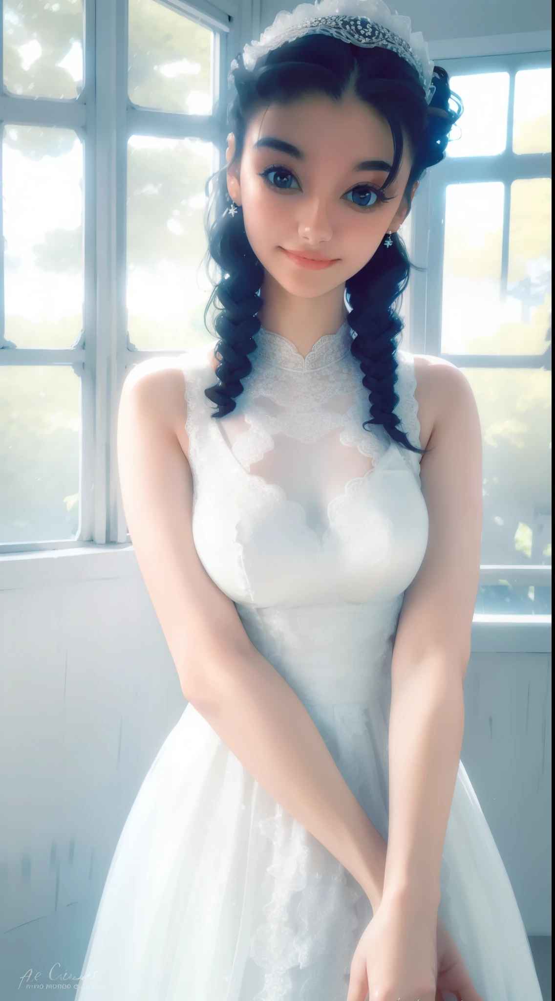 a close-up of a woman in a white dress standing in front of a window, beautiful dress, pretty white dress, fantasy dress, detailed dress, romantic dress, cute dress, magical dress, beautifully detailed dress, white dress, dressed in a beautiful white, stunning dress, intricate white dress, luxury dress, wearing a cute white dress,