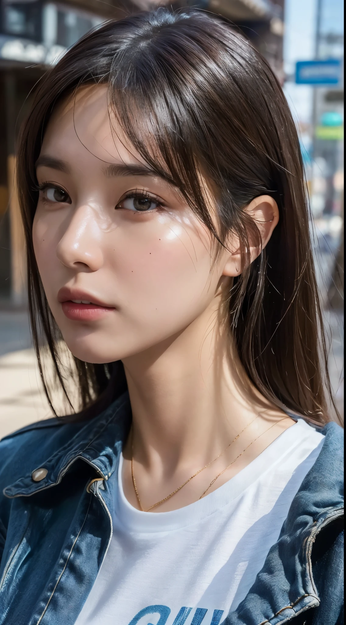 photo of extremely sexy (AM190_Brigitte:0.99), a woman as a sexy student, ((closeup portrait:1.3)), model shoot style, (extremely detailed CG unity 8k wallpaper), photo of the most beautiful artwork in the world, professional majestic oil painting by Ed Blinkey, Atey Ghailan, Studio Ghibli, by Jeremy Mann, Greg Manchess, Antonio Moro, trending on ArtStation, trending on CGSociety, Intricate, High Detail, Sharp focus, dramatic, photorealistic painting art by mid-journey and Greg Rutkowski, (blue t-shirt:1.2), (leather jacket), (jeans), ((city slums)), (looking at viewer:1.2), (detailed pupils:1.3), listens to music with headphone