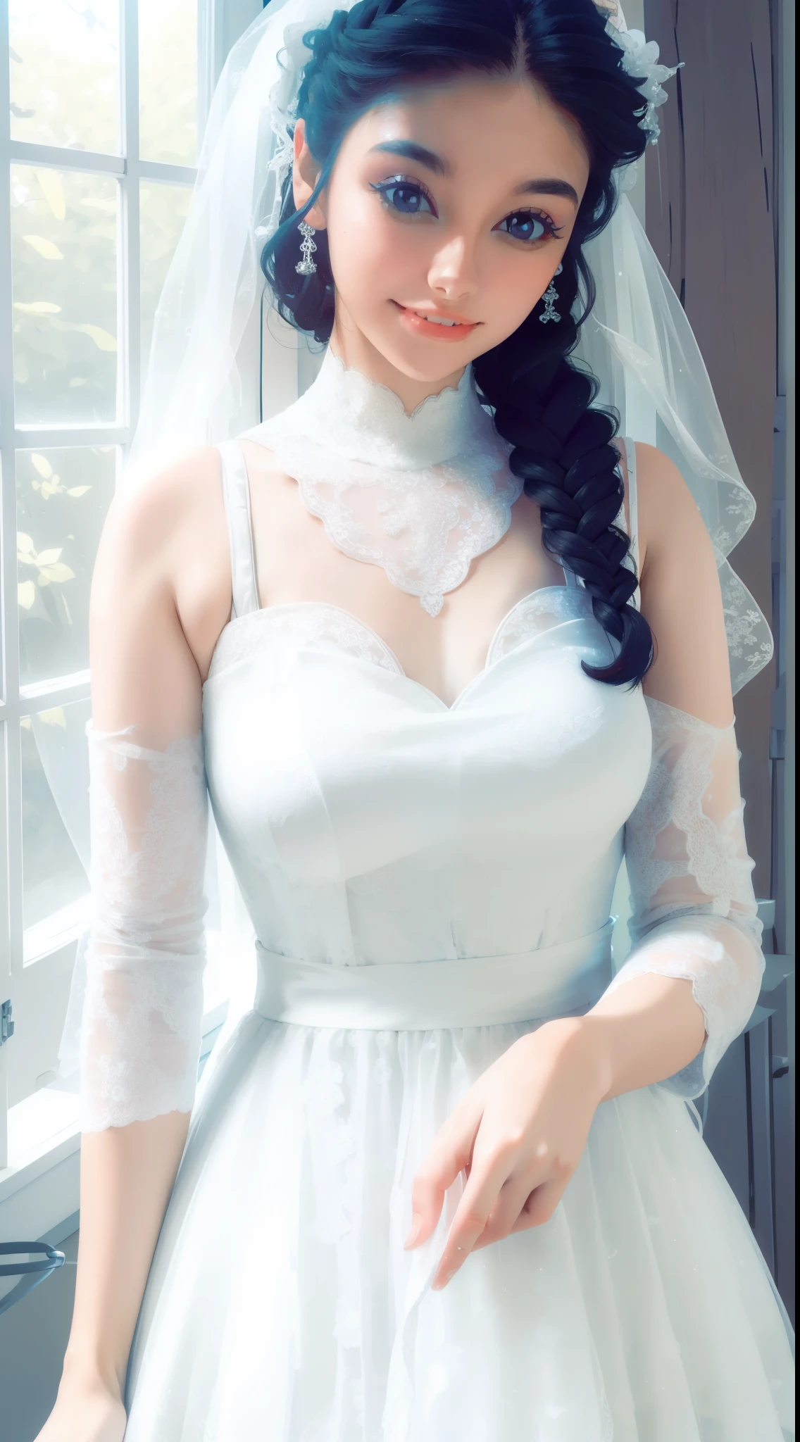 a close-up of a woman in a white dress standing in front of a window, beautiful dress, pretty white dress, fantasy dress, detailed dress, romantic dress, cute dress, magical dress, beautifully detailed dress, white dress, dressed in a beautiful white, stunning dress, intricate white dress, luxury dress, wearing a cute white dress,