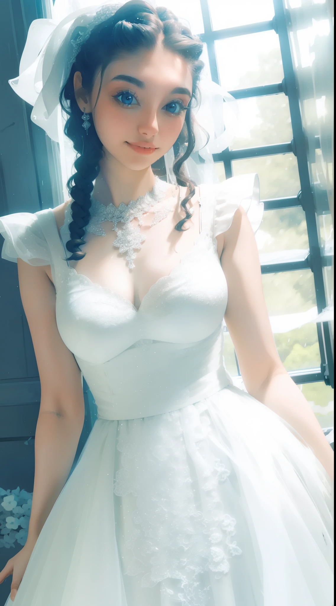 a close-up of a woman in a white dress standing in front of a window, beautiful dress, pretty white dress, fantasy dress, detailed dress, romantic dress, cute dress, magical dress, beautifully detailed dress, white dress, dressed in a beautiful white, stunning dress, intricate white dress, luxury dress, wearing a cute white dress,
