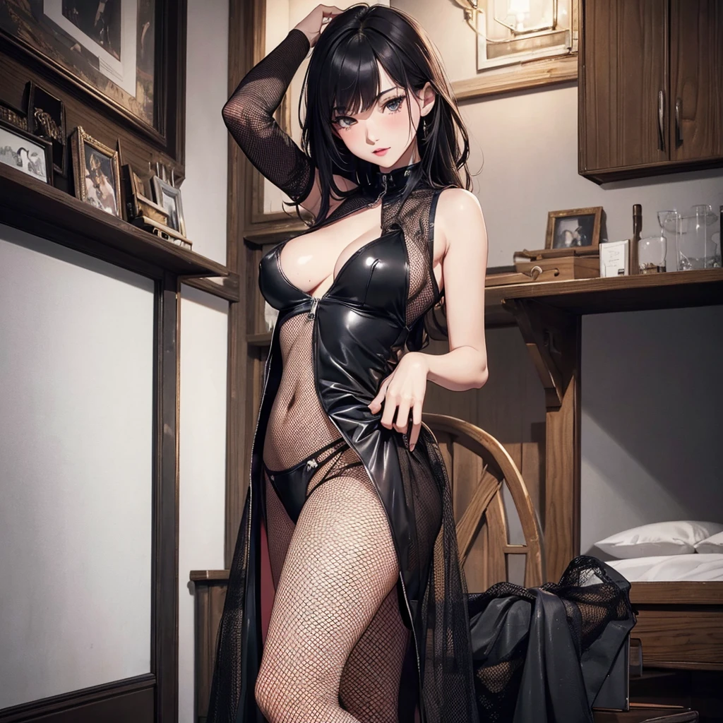 Masterpiece, High definition, high quality, detailed face, detailed body rendering, 1girl, solo, naomi, naomi sleeveless clothing,room,, sleeveless shirt,( fishnet garment), dark lips, unzipper jacket, no bra, breasts out, standing, blush, (in bedroom), (full body view), Various lustful positions