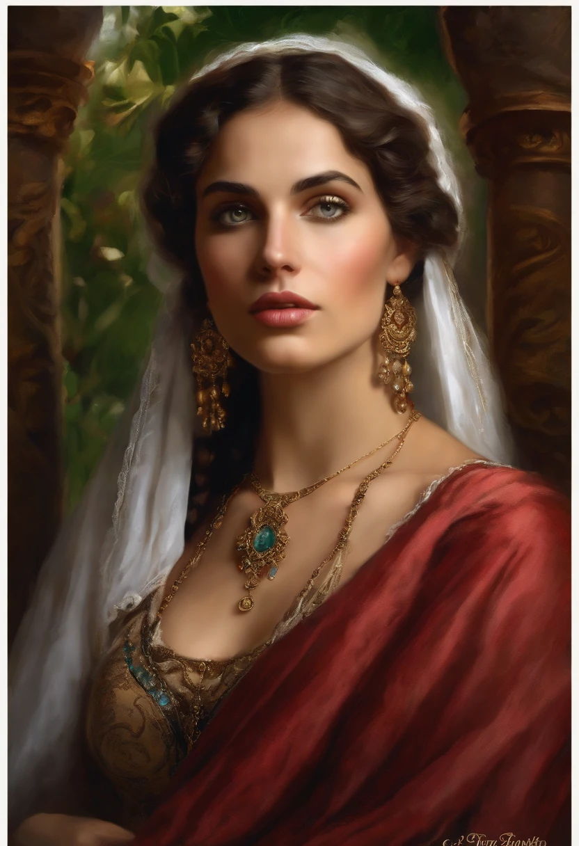 Best quality, masterpiece, ultra high resolution, baroque painting of a woman ((gypsy with a very beautiful round face)), delicate, slightly plump and perfect lips, ((gypsy of rare beauty, goddess of perfection, the most beautiful woman of the world)), long black cascading hair, green panther eyes, detailed eyes and face, Victorian era red dress, background Greek columns in a flower garden, dynamic lighting, in the dark, deep shadow, Discreet, Cowboy Full Body Shot, Victorian Era Style, a Goddess of beauty, portrait of a Goddess, In Bowater art style, Renaissance digital painting, in digital painting style, digital fantasy portrait, elegant digital painting, portrait fantasy art, portrait fantasy, inspired by Dante Gabriel Rossetti, baroque digital painting, digital art painting, Fine Art UHD 4K, beautiful fantasy portrait