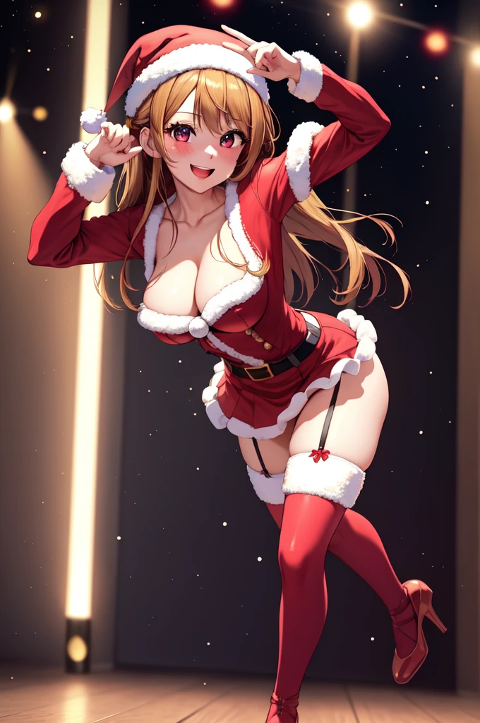 anime, beautiful face, highly detailed face, 2 accurate legs, detailed eyes, highly detailed background, perfect lighting, accurate arms, accurate hands, accurate fingers, full body, 1girl, solo, ruby hoshino, oshi no ko, female santa, sexy santa outfit, santa cape, heels, thighhighs, garter stockings, absurdres, high res, ultrasharp, 8K, masterpiece, looking at viewer (dancing pose:1.2), (full body:1.4), Christmas concert, Christmas idol, performing, on stage, dancing, holding a microphone, singing, smiling with compassion, mouth open smile, full of delight, blushed, cleavage, breast, leaning_forward, sntdrs