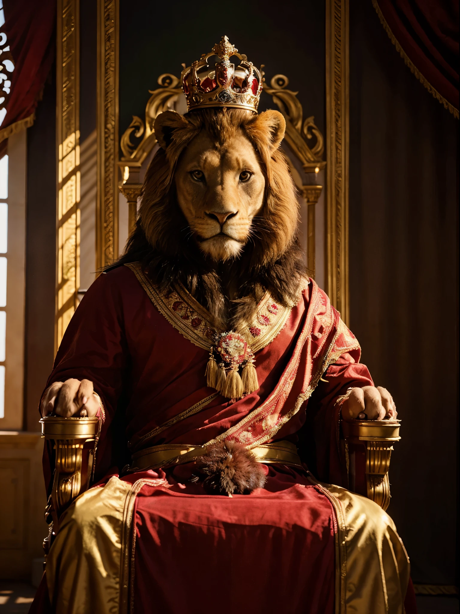 photograph of a majestic lion wearing a red royal mantle with a gold crown on its head sitting on throne inside of a castle, cinematic lighting, backlighting, UHD, masterpiece, anatomically correct, super detail, 8k