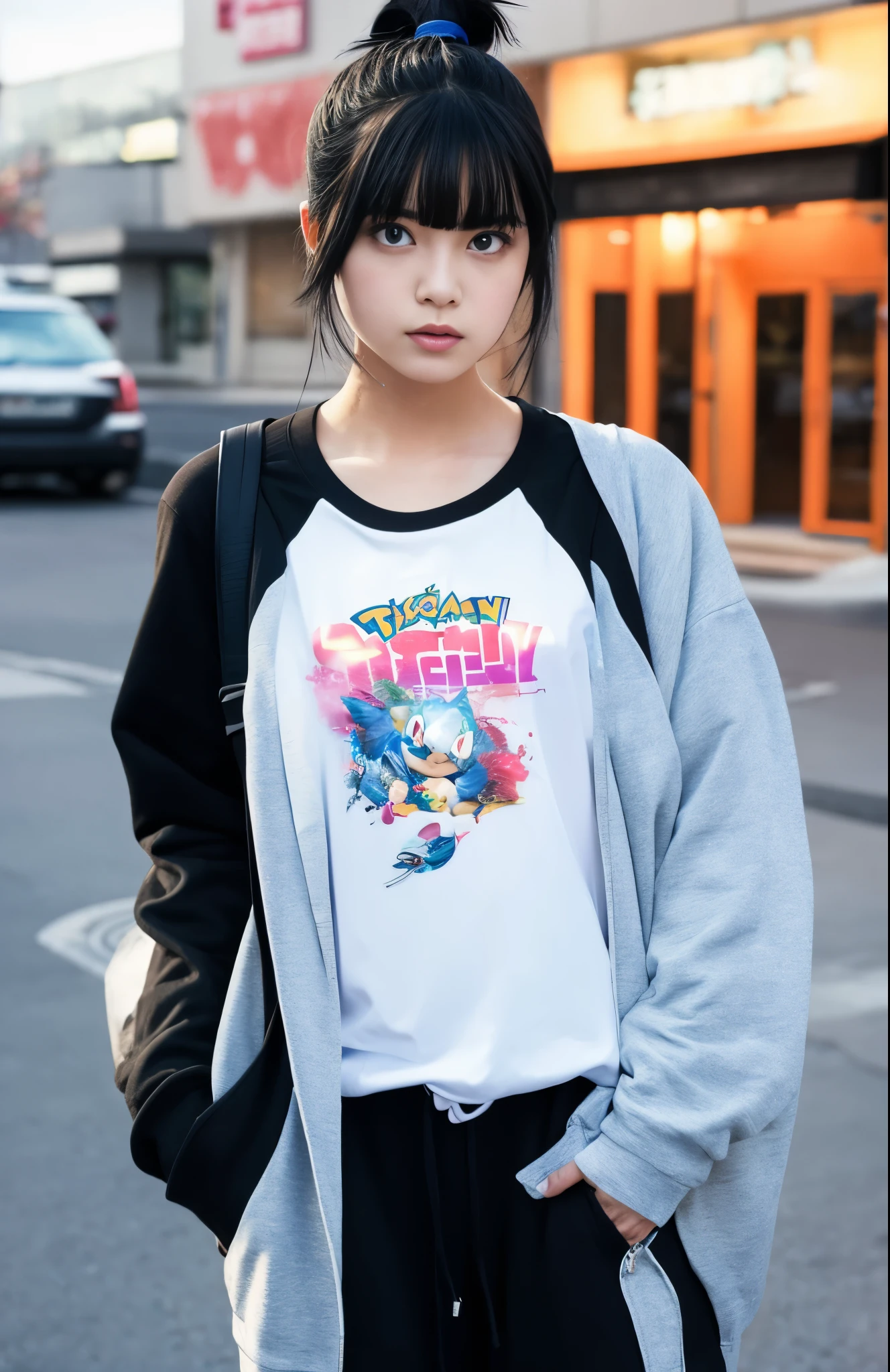 1girl in, Solo, masutepiece, best_quality, photo shot, looking in camera, young adult protect, tired expression, A pokémon, A pokémon (game), game freak, Nintendo, (Porcelain Skin), Blue eyes, (Black hair), (Messy hair in a ponytail), Black cardigan, Baggy T-shirt, Black sweatpants, gen 3 A pokémon, A pokémon (creature), White skin, Concrete background, leaning