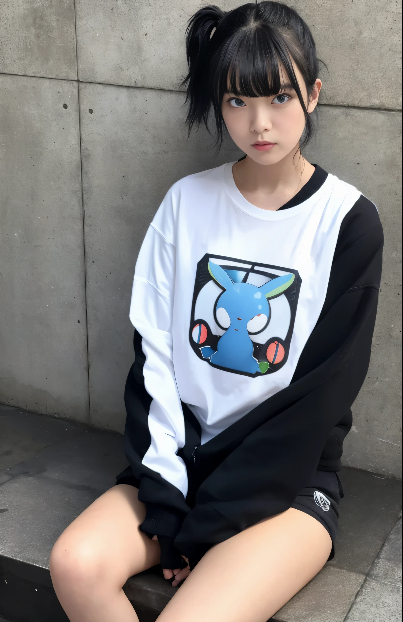 1girl in, Solo, masutepiece, best_quality, photo shot, looking in camera, young adult protect, tired expression, A pokémon, A pokémon (game), game freak, Nintendo, (Porcelain Skin), Blue eyes, (Black hair), (Messy hair in a ponytail), Black cardigan, Baggy T-shirt, Black sweatpants, gen 3 A pokémon, A pokémon (creature), White skin, Concrete background, leaning