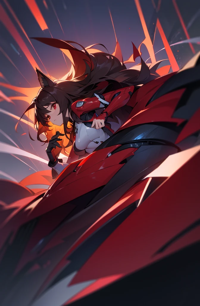 1girl, (skinny, tall), medium breast, loose hair, layered hair, long hair, dark hair, red streaks hair, sidelocks hair, red eyes, hedgehog ears, cold face, (top-down look), dark red plugsuit, night city background, (emerald in hand), half body