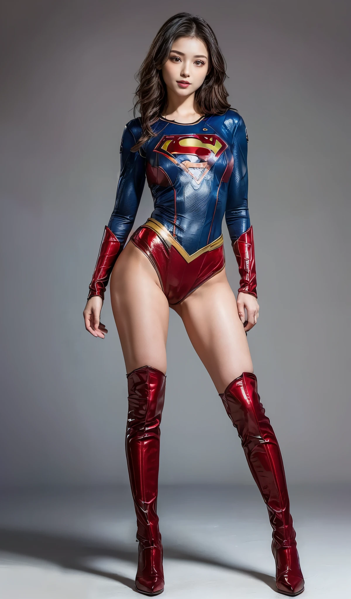 Are sleeping、lying back on、(((Wear black tights on your beautiful legs.)))、(((Grow legs、tall、Legally express the beauty of your smile)))、((((Make the most of the original image)))、(((Supergirl Costume)))、(((beautiful hairl)))、(((Suffering)))、(((Feet must necessarily be worn with black tights)))、(((You need to wear red boots)))、((Top image quality、8K))、((top-quality、8K、masterpiece:1.3))、(((Keep Background )))、Crisp focus:1.2、Beautiful woman with perfect body shape:1.4、Slender Abs:1.2、a wet body:1.5、Highly detailed facial and skin texture、8K