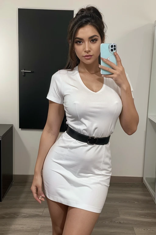 hiperrealista 4k, foto de frente., Brunette Latin American actress with hair tied back, ropa formal de secretaria, blusa de seda blanca con falda negra, tacones negros, maquillaje sencillo, foto con fondo blanco, foto para revista, pg13, foto para curriculum, selfie, foto arriba de la cintura, ligero blur de fondo,