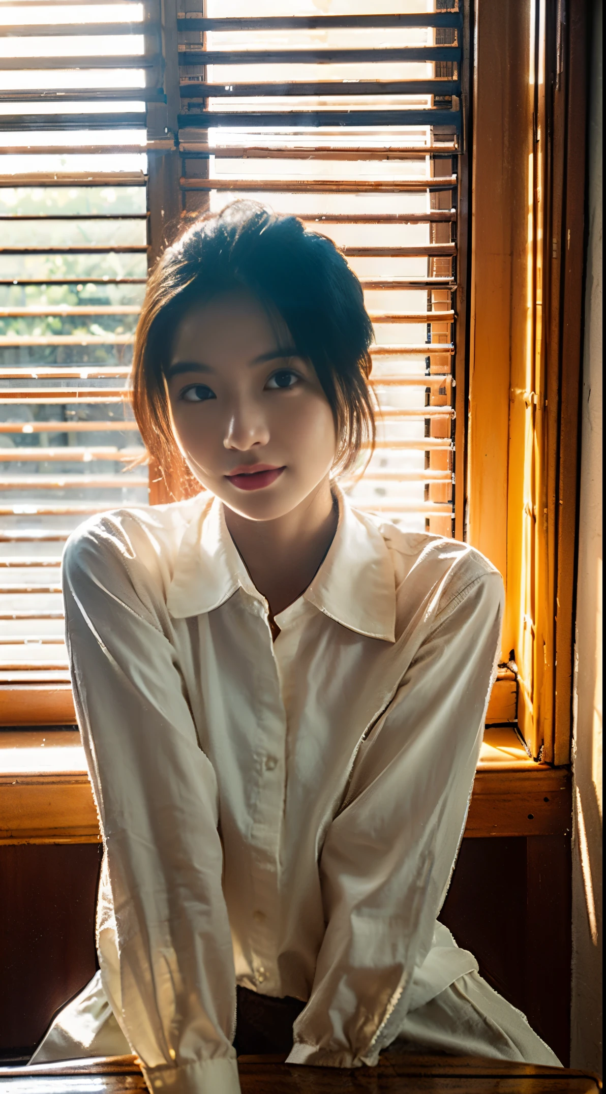 Sitting at a table in a café、sunlight streaming through window、A vietnamese  Lady,, Dynamic Pose, Skin Texture,, Shiny skin, (slim, Petite:1.2), [:(sharp focus on face, Detailed face, Perfect eyes, view the viewer:1.2):0.2], Photorealistic, film grains, Best Quality, masutepiece，30s，Realistic skin type, collared long sleeves shirt
